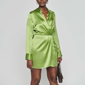 Reformation Alaine Silk Mini Dress Green Long Sleeve Shirt Dress Size 14